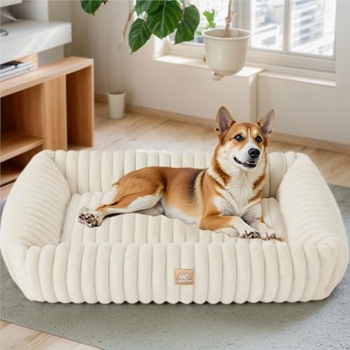 CareCooo Hundebett Mittelgroße Hunde & Flauschig Hundebett große Hunde,Cord Fleece Hundesofa: Weich, Robust & Bequem - Waschbar, rutschfest, Ideal für Zuhause & Schlaf(weiß, XL-109x76x20cm) von CareCooo