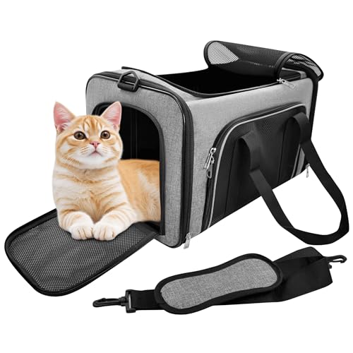 CareCooo Katzen Transporttasche für große Katzen & 2 kleine - Faltbare, Robust & Langlebig, Versteckbares Dachfenster, Hand- & Schultertasche (Grau, L50xB30xH30cm) von CareCooo