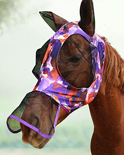 CareMaster Fliegenmaske Pferd Long Nose mit Ohren lila Blumen (L; volle Größe) von CareMaster