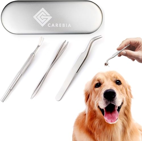 Carebia Premium Edelstahl Haustier Zeckenentferner Werkzeug 3er Set - Langlebig, Waschbar & Wiederverwendbar Zeckenentferner für Hunde - Set mit drei Zeckenziehern in Metallkoffer von Carebia