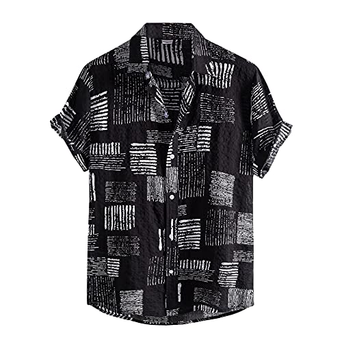 Caritierily Hundeshemd Gestreiftes Baumwollhemd Herren Mode lässige Streifendruck Kurzarm-Knopf-Turn-Daun-Hemd-Bluse (A2-Black, XL) von Caritierily