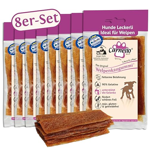 Carnello Welpen Leckerlies - Welpenkaugummi – Hunde Leckerlis, Kauknochen Hund Welpe, Kauartikel Hund – Hundeleckerli getreidefrei - Wiederverschließbare Beutel (8 x 60g) von Carnello