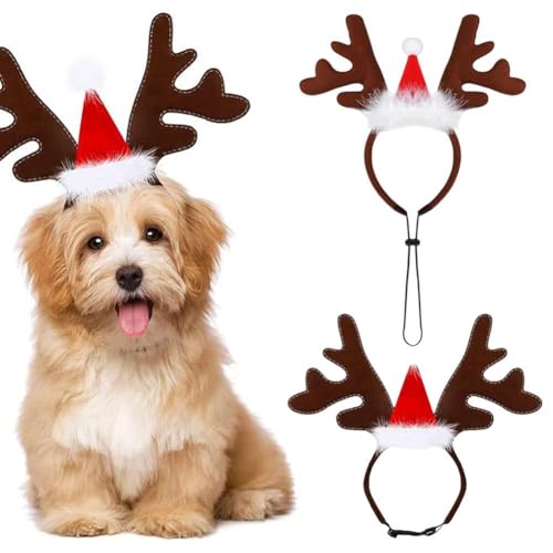 Hunde-Stirnband mit Elch- und Rentiergeweih, Weihnachts-Haarschlaufe, braunes Rentiergeweih, verstellbares Hunde-Rentier-Hut-Weihnachtsmann-Haustier-Weihnachtskostüm, Kopfbedeckung, Zubehör für Hunde von Carroterr