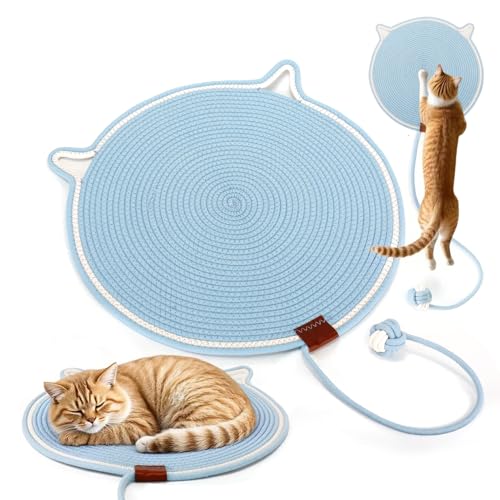 Kratzbretter Katze, 50cm/19.69in Verbessertes und vergrößertes Sisal Teppich Kratzmatte Katze mit Baumwollkugel Spielzeug & Katzenohr-Design, Kratzteppich Katze für Wand Katzen Kratzmatte (Blau) von Carseatty