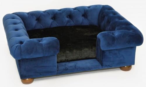 Casa Padrino Luxus Chesterfield Hundebett Blau/Braun/Schwarz 79 x 69 x H. 31 cm - Rechteckiges Hundebett - Luxus Chesterfield Hundemöbel - Luxus Chesterfield Tiermöbel von Casa Padrino