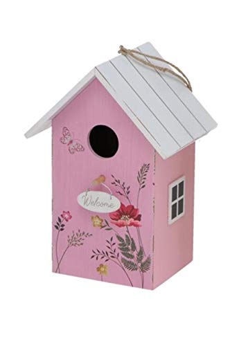 CasaJame Holz Vogelhaus für Balkon und Garten, Nistkasten, Haus für Vögel, Vogelhäuschen, rosa mit weißem Dach und Blumenwiesen Bemalung 15x12x22cm von CasaJame