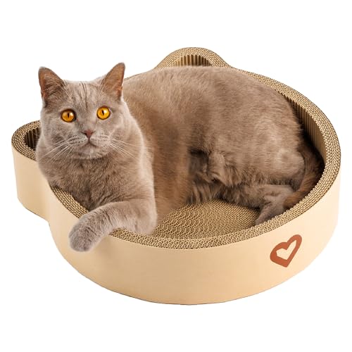 CASALOBA Katzenkorb zum Schlafen, Kratzen und Spielen | Langlebiges Katzen Kratzbrett aus erstklassiger Wellpappe in moderner Katzenkopfform | 3-in-1 Katzen Spielzeug, Kratzmöbel und Schlafplatz von CasaLoba