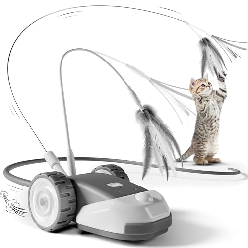 Casfuy 3-in-1 interaktives Katzenspielzeug - 2-Geschwindigkeit katzenspielzeug elektrisch selbstbeschäftigung mit 2pcs hängende Feder Schnur Band und Wiggly Silikon Mäuse Schwanz für Indoor Katzen von Casfuy