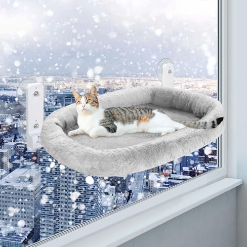 Casgee Fensterliege für Katzen 60×30cm, Katzen Hängematte mit Stabil Saugnäpfe, Katzen Fensterliege, Klappbar Katzenbett Fenster, Fensterbank Katzenliege Bis zu 20kg, Katzen Hängematte Fenster, Grau von Casgee