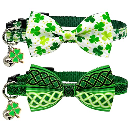 Casidoxi St. Patricks Day Katzenhalsband, mit Fliege und Glocken, Kleeblatt, irisch, St. Patricks, Katzenhalsbänder für Kätzchen, Katzen, 2 Stück von Casidoxi