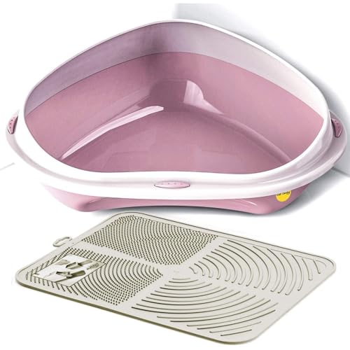 Cat Centre Katzenklo Offen Ecktoilette Für Katzen Eckkatzentoilette Katzentoilette Ohne Deckel Mit Creme Katzenstreu Matte Rosa XL 58 x 48 cm von Cat Centre