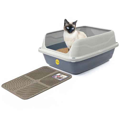 Cat Centre Katzenklo Offen Mit Hohem Rand Katzentoilette Ohne Deckel Mit Grauer Katzenstreu Matte Grau L 56 x 39 cm von Cat Centre