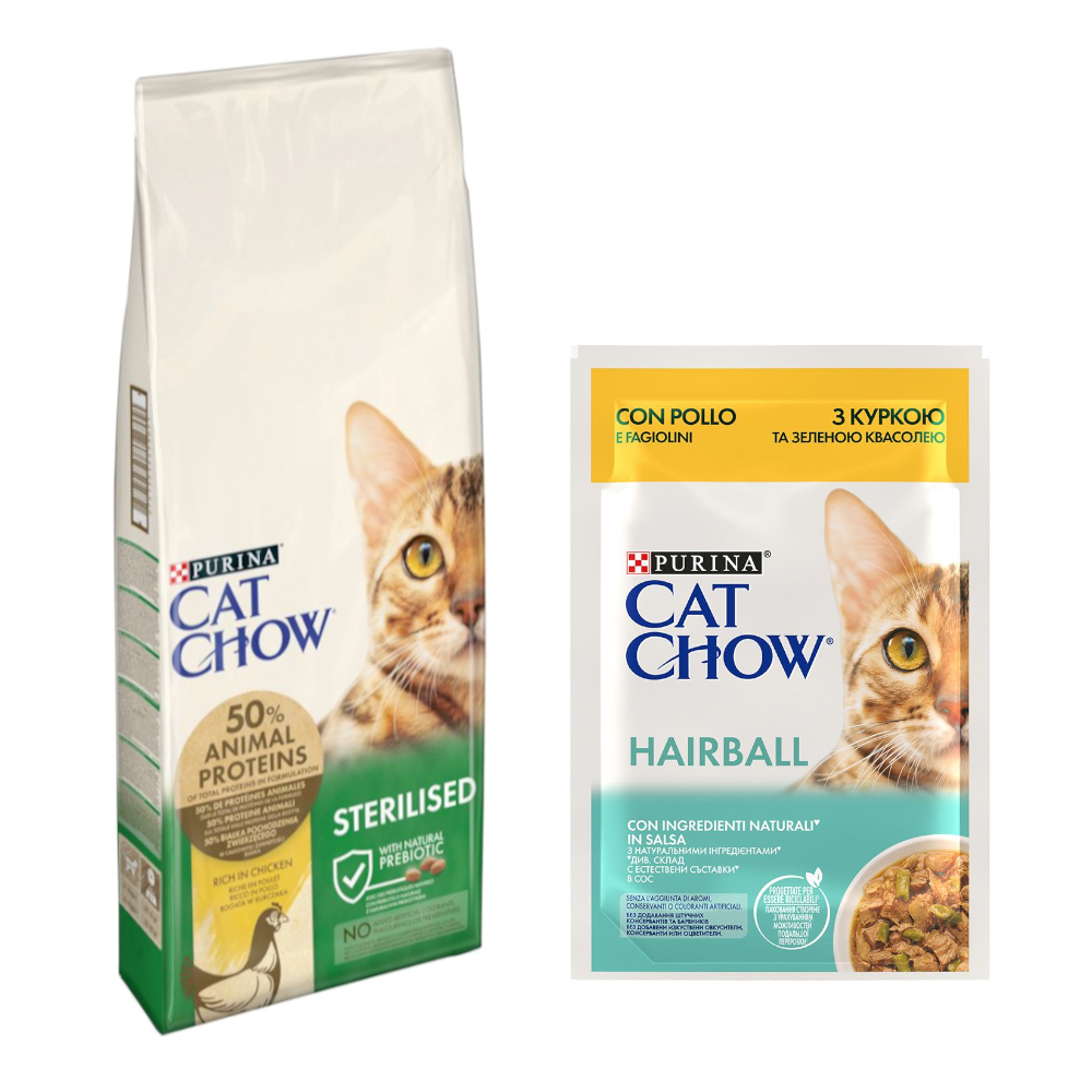 10 kg / 15 kg PURINA Cat Chow + 26 x 85 g passendes Nassfutter gratis! - 15 kg Adult Special Care Sterilised + Hairball Huhn & grüne Bohnen von Cat Chow