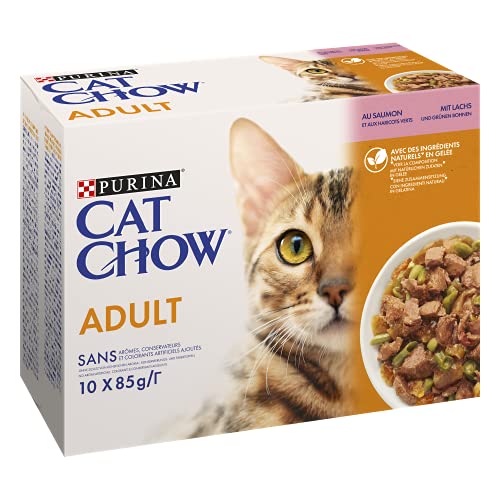 Purina Cat Chow | Erwachsene Katze | Mahlzeitenbeutel | Lachs und grüne Bohnen in Sauce | 10 x 85 g | Box von CAT CHOW