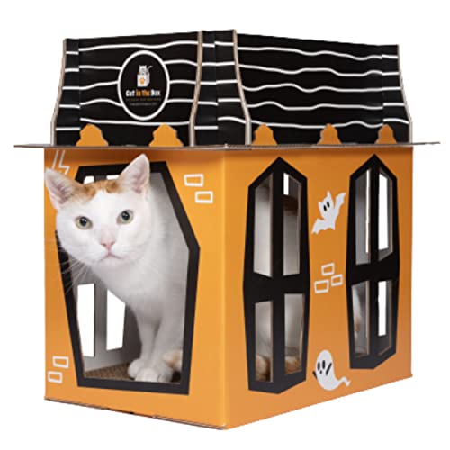 Gruseliges Katzen-Spukhaus - Halloween Mansion Spielhaus für Katzen, Kätzchen, Kaninchen & Häschen Pappbox Haus Condo Höhle Möbel Bett inklusive Katzenkratzer von Cat in the Box