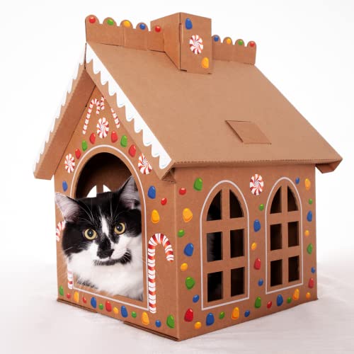 Lebkuchenhaus mit Kratzer - Weihnachten Lebkuchenurlaub Spielhaus für Katzen, Kätzchen, Kaninchen, Hase, mit Riesen Candy Sticker Bogen zum Dekorieren von Cat in the Box