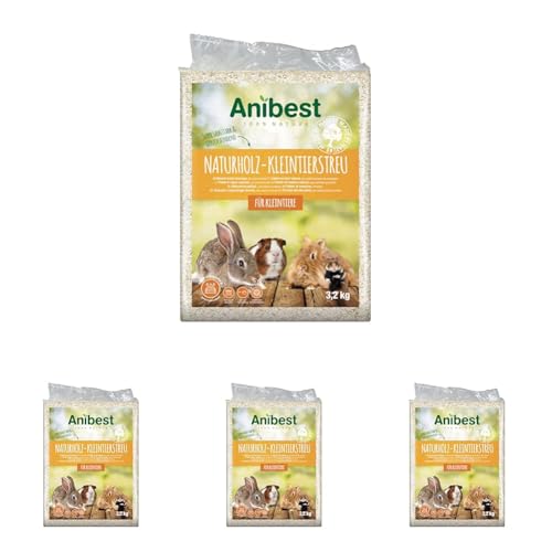 Anibest Kleintierstreu, 100% natürliche Einstreu für Kaninchen, Hamster, Meerschweinchen & Co, saugfähige Weichholzspäne, staubfrei & geruchsbindend, 3,2 kg/ 60 l (Packung mit 4) von Cat's Best