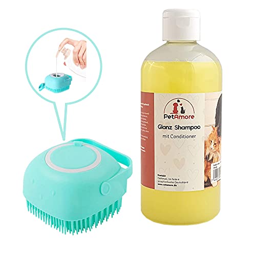 Hundebürste mit Seifenspender 2 in 1 Silikon Bürste Spender Tierbürste Duschbürste + Tiershampoo Hundeshampoo Glanz Shampoo Konzentrat mit Conditioner 500ml von CatAmore