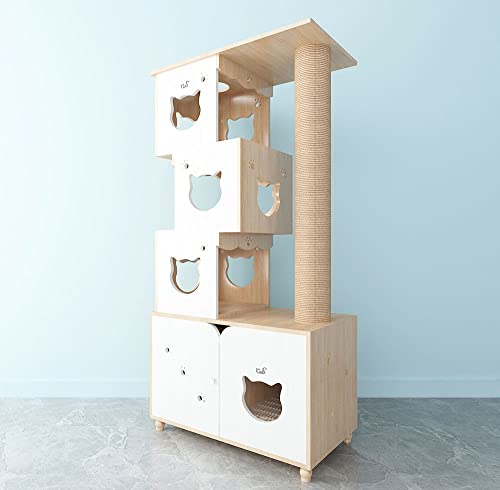 CatS Design 2 in 1 Kratzbaum & Katzentoilette Eiche-Weiß/Kratzbaum Edel/Kratzbaum Grosse Katzen stabil/Inkl. Katzenklo Schrank von CatS