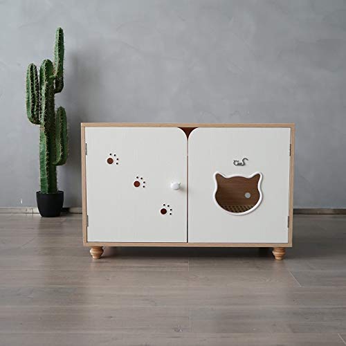 CatS Design Katzentoilette Schrank Eiche-Weiß/Premium Katzenklo Schrank/Katzen Klo inkl. Schaufel, Liegekissen & Anti Rutsch Vorleger von CatS