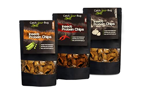 Essbare Insektenchips 3er-Pack - 24% Protein - Insekten zum Essen von Catch-Your-Bug, gesunder Snack auf Basis von Linsen- und Erbsenmehl mit Grillenpulver - Chili, Knoblauch, Classic je 70 g von Catch-Your-Bug