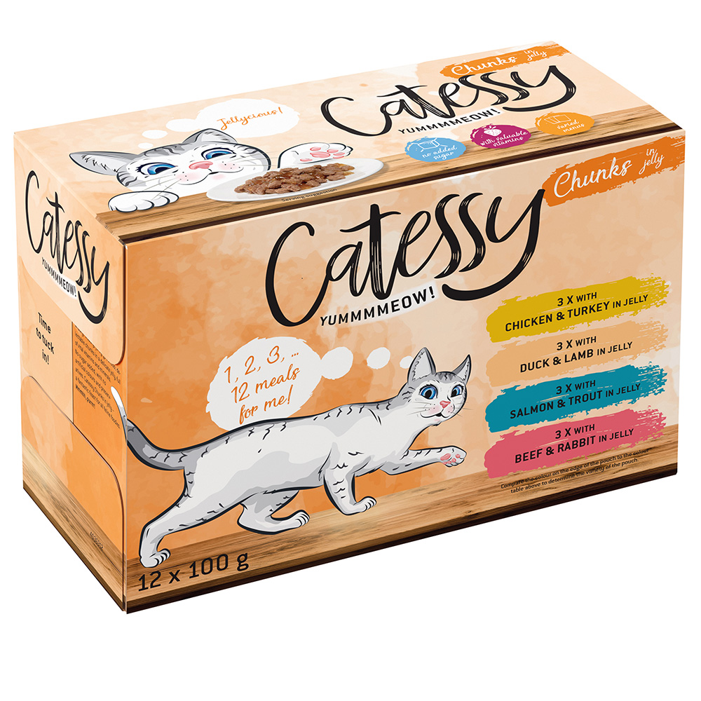 12 x 100 g Catessy Häppchen in Sauce oder Gelee Mix zum Probierpreis! - Häppchen in Gelee (4 Sorten) von Catessy