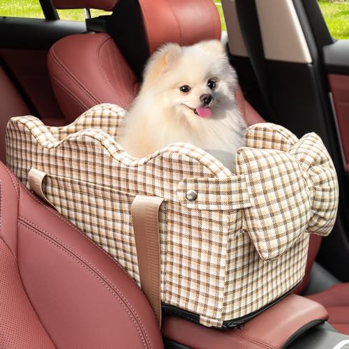 Cathpetic Kleiner Hund Autositz für kleine Hunde - Mittelkonsole Hundesitz für Auto mit Clip-on Sicherheitsleine, doppelt festen Gurten und stützender Memory-Schaum-Füllung, Hundeerhöhung, Beige Plaid von Cathpetic