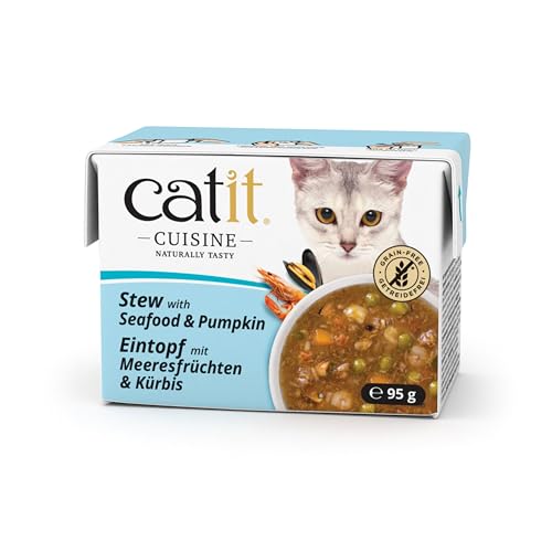 Catit Cuisine - Premium Nassfutter für Katzen - Eintopf mit Meersfrüchte und Kürbis, Ergänzungsfuttermittel, 95g, getreidefrei, hoher Fleischanteil von Catit