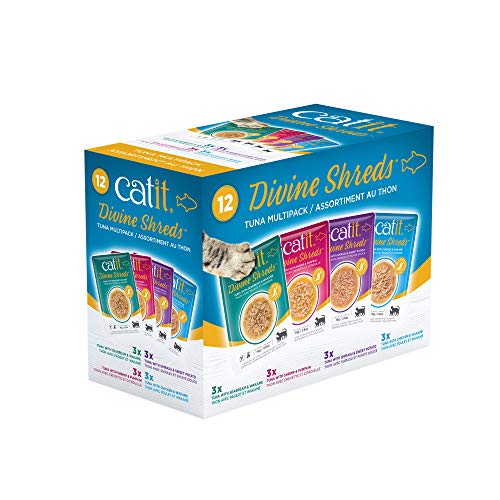 Catit Divine Shreds, Premium Katzenfutter, Trockenfuttertopping, Topping für Trockenfutter, Multipack mit Thunfisch, mit 4 verschiedenen Geschmacksrichtungen, 12 x 75g von Catit