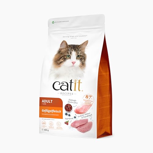 Catit Recipes - Premium Trockenfutter für Katzen - mit Geflügelfleisch, für ausgewachsene Katzen, Alleinfuttermittel, 400g, hilft Haarballenbildung vorzubeugen von Catit