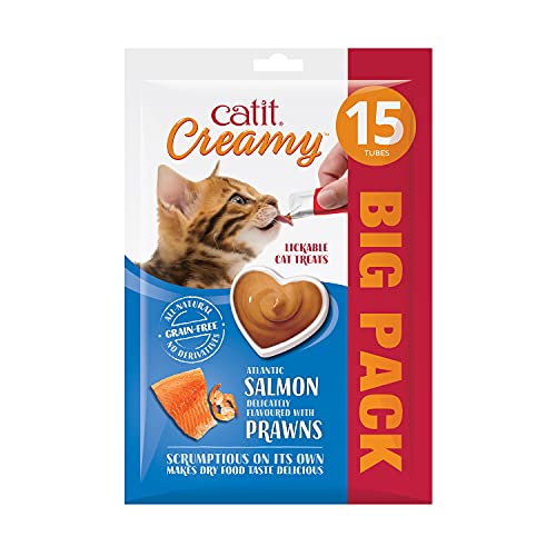 Catit Creamy flüssigkeitsspendende Leckpaste für Katzen mit Lachs und Garnelen, 15 x 10g von Catit