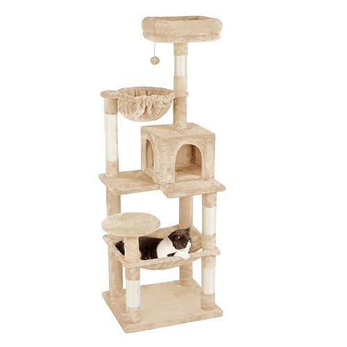 Catreaier Katzenbaum, 137.2 cm Katzenturm für Indoor-Katzen, Plüsch Mehrstufige Katzenhütte mit 5 Kratzstämmen, Pompon, Eine Runde Hängematte und Eine Quadratische Hängematte Beige von Catreaier