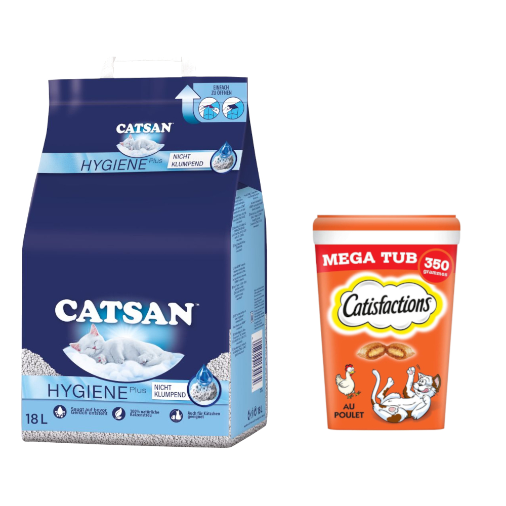 18 l Catsan Katzenstreu + 2 x 350 g Dreamies Snacks zum Sonderpreis! - Hygiene plus Katzenstreu + Katzensnack mit Huhn von Dreamies