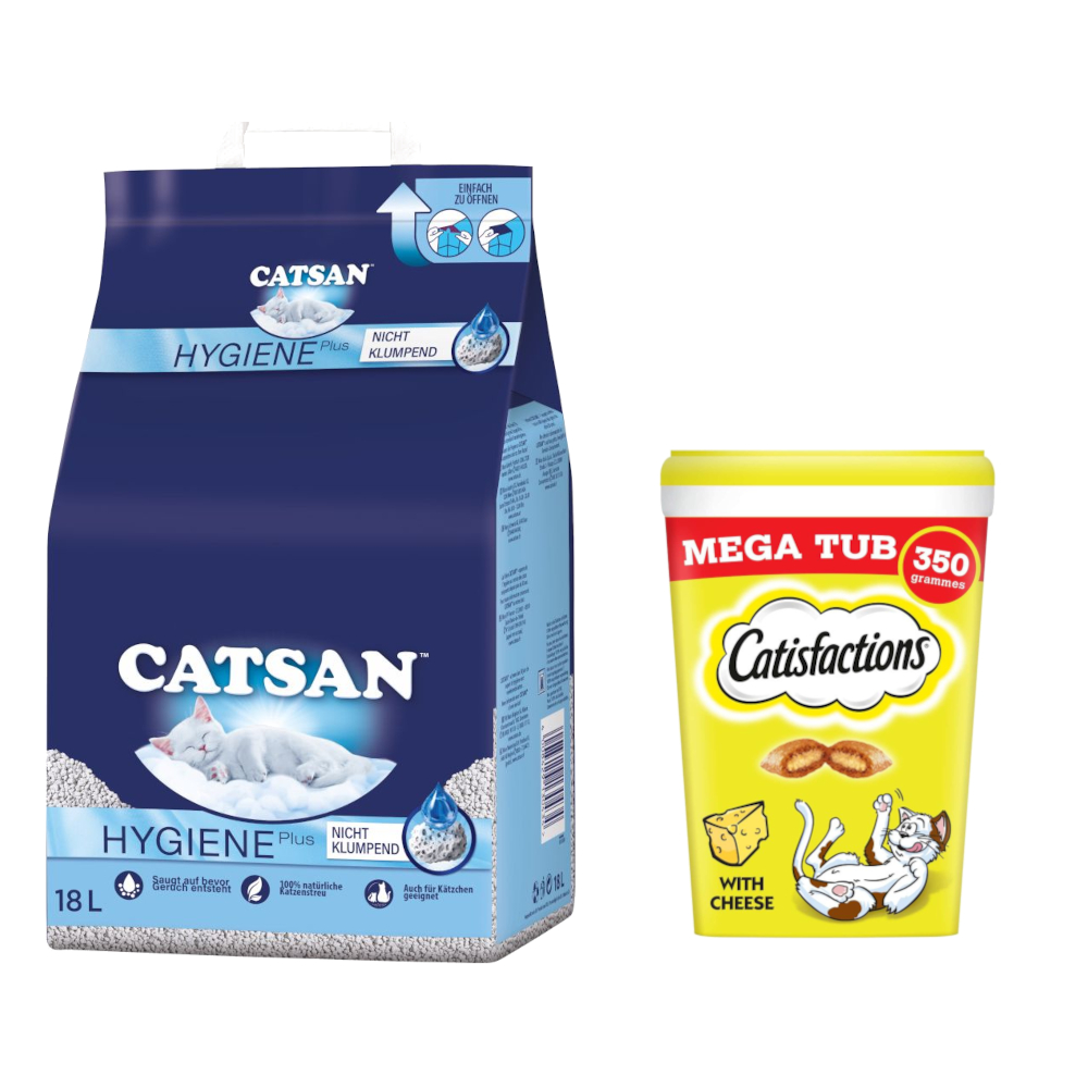 18 l Catsan Katzenstreu + 2 x 350 g Dreamies Snacks zum Sonderpreis! - Hygiene plus Katzenstreu + Katzensnacks mit Käse von Dreamies