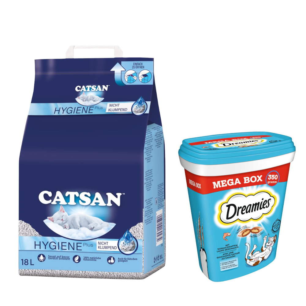 18 l Catsan Katzenstreu + 2 x 350 g Dreamies Snacks zum Sonderpreis! - Hygiene plus Katzenstreu + Katzensnacks mit Lachs von Dreamies