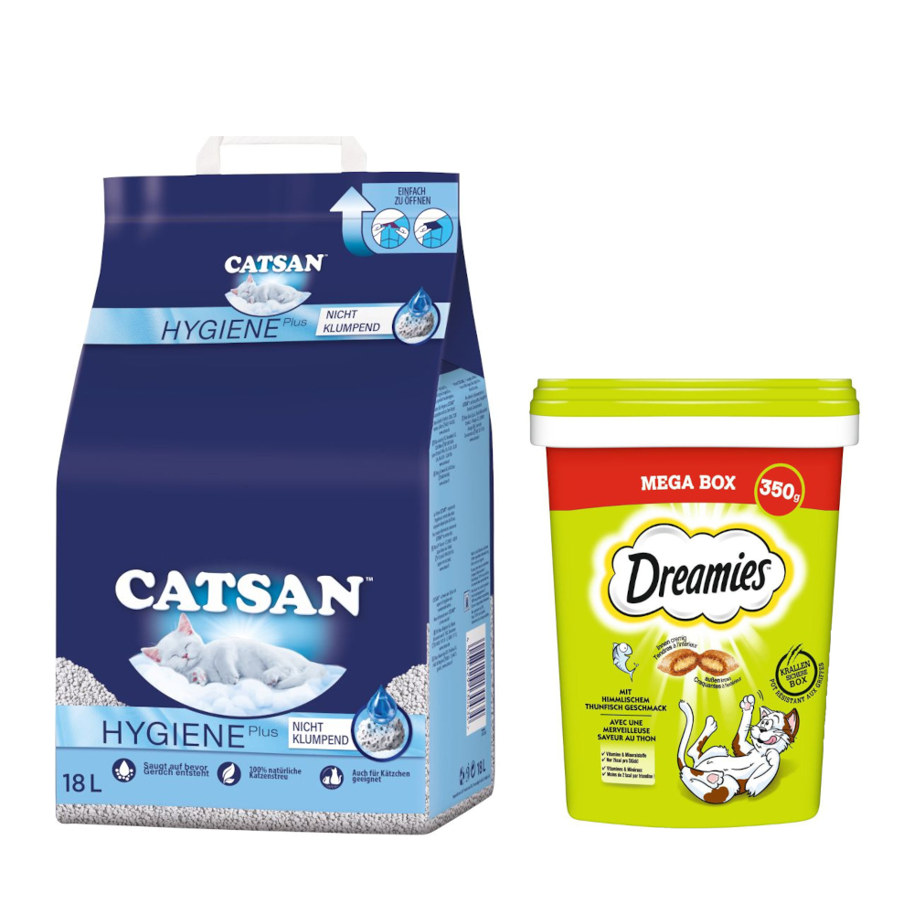 18 l Catsan Katzenstreu + 2 x 350 g Dreamies Snacks zum Sonderpreis! - Hygiene plus Katzenstreu + Katzensnacks mit Thunfisch von Dreamies