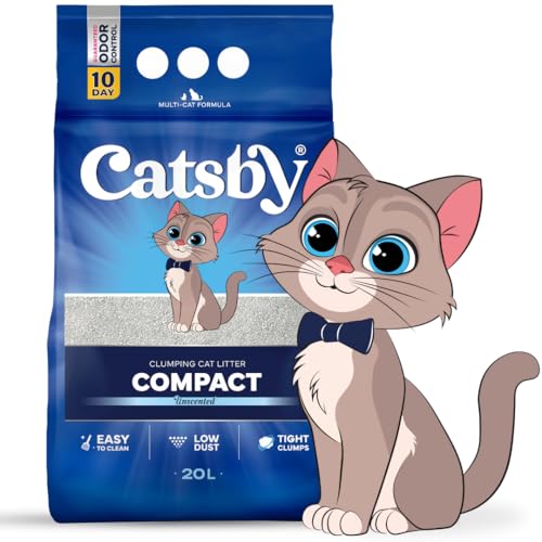 Catsby Compact 20l Bentonit Katzenstreu ohne Duft für Sensible Katzen, extrem staubarm, Feste Klumpenbildung, schnelle Geruchsbildung, geringer Verbrauch von Catsby