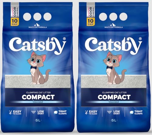 Catsby Compact 2x5l Bentonit Katzenstreu ohne Duft für Sensible Katzen, extrem staubarm, Feste Klumpenbildung, schnelle Geruchsbildung, geringer Verbrauch von Catsby