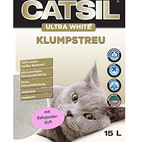 15 l Catsil white Cat mit Babypuderduft Klumpstreu Katzenstreu von Catsil