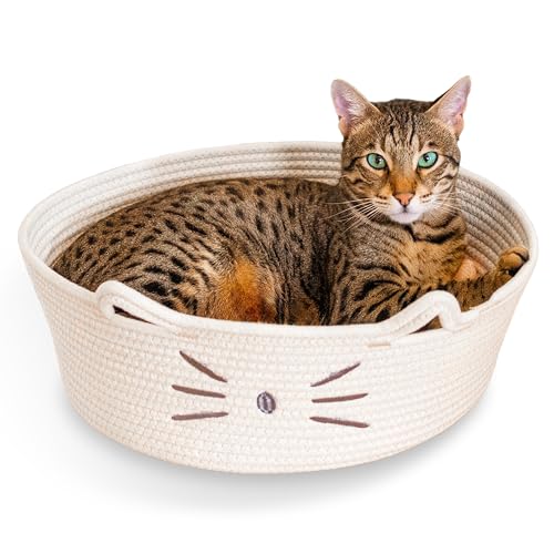 Catstages Bed & Basket Retreat 2-in-1 Katzenbett mit abnehmbarem Kissen, Plüsch, Baumwollseil, Weiß von Catstages