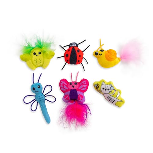 Catstages by Cute As A Bug Plush Interactive Cat Toys, Bug Themed Kicker Catnip Toys with Feathers, Crinkle, Mesh, 6pk, Small, Multicolored von Catstages