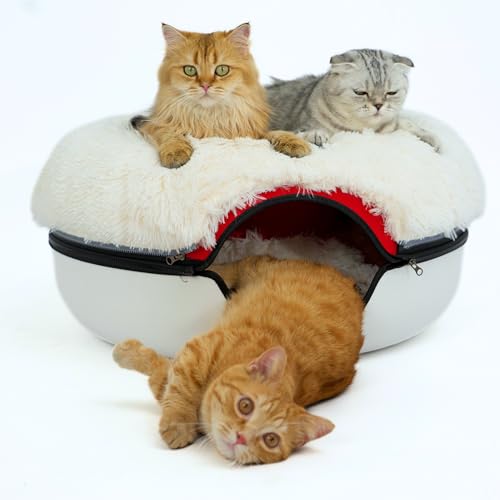 CATTASAURUS Beruhigende Donut-Höhle für mehrere und große Katzen bis zu 13,6–20,4 kg, abnehmbares und waschbares Tunnelbett, bequeme Donut-Katzenhöhle (Rubin, Schneeball) von Cattasaurus