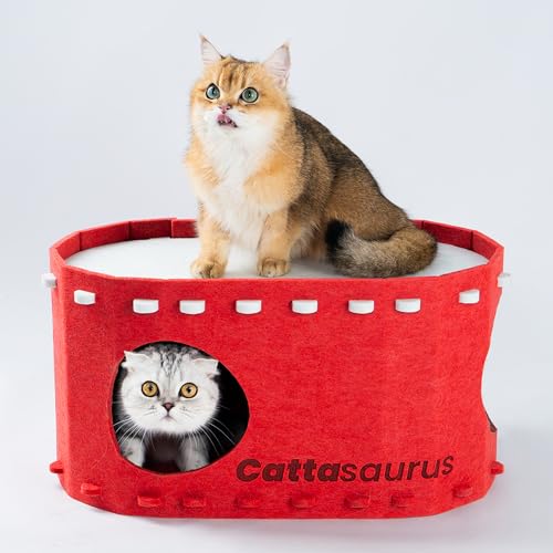 CATTASAURUS Peekaboo Etagenbett für mehrere & große Katzen bis zu 11,8 kg, kratzbares abnehmbares und waschbares Etagenbett, Katzenbetten für Indoor-Katzen, faltbares Katzenversteck (Rot & Weiß, groß) von Cattasaurus