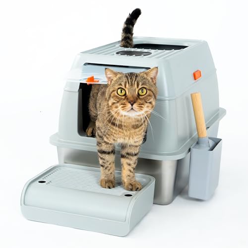 CATTASAURUS XL Katzentoilette aus Edelstahl mit Deckel, für große Katzen bis zu 40 Pfund Abnehmbares geschlossenes Design, hohe Seiten, Anti-Leck, antihaftbeschichtet, leicht zu reinigen, inklusive von Cattasaurus