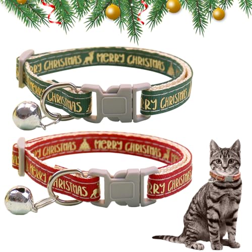 2 Pcs Weihnachten Hundehalsband, rot grün Weihnachten einstellbare Haustier Halsband 19-32cm, Bequeme Baumwolle langlebig Breakaway Hundehalsband für kleine mittlere Hunde (Golddruck) von CavspkArt