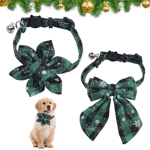 2 Stück Weihnachts-Haustierhalsband mit Blume, Grün Kariertes Weihnachts-Hundekatzenhalsband mit Fliege, Modisches Verstellbares Hunde- und Katzenhalsband mit Glocke für Kleine Hunde und Katzen von CavspkArt