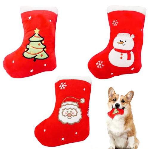 3Pcs Weihnachten Squeaky Plüsch Spielzeug für Hunde Weihnachten Strumpf Form, Unzerstörbar Kauen Hunde Spielzeug, Weihnachten Haustier Interaktive Spielzeug Kauspielzeug für Kleine Mittlere Hunde von CavspkArt