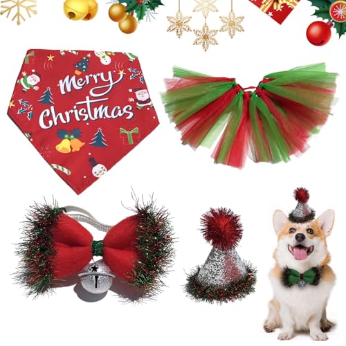 4 Stück Hund Weihnachten Katzenkostüm Haustier Weihnachten Bandana Kleid Hut Hund Weihnachten Outfit Haustier Weihnachtskostüm Zubehör Hund Weihnachten Party Dekoration für Katze Hund von CavspkArt