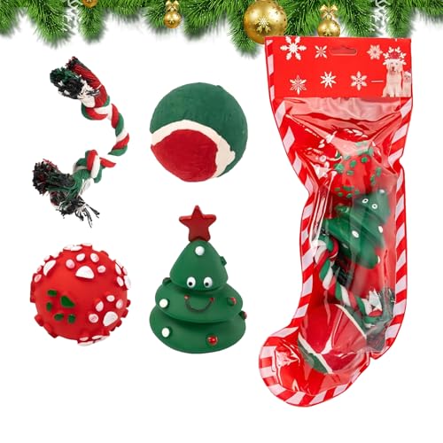 4 Stück Weihnachtsmann Interaktives Spielzeug für Haustiere Latex Quietsch Hundespielzeug Tennisball Hundespielzeug Squeaky Toys Weihnachtsbäume, Seil, Weihnachten Haustier Spielzeug (4pcs) von CavspkArt