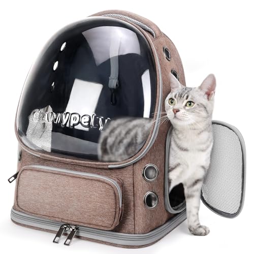 Katzen-Rucksack, atmungsaktiv, Katzentragetasche, faltbar, Luftpolster-Rucksack für Kätzchen bis mittelgroße Katzen, kleine Hunde bis zu 6.8 kg, Reisen, transparente Haustier-Tragetasche, Khaki von Cawypety